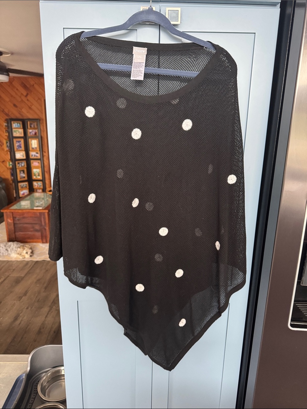 Chico's Black Mesh Poncho with White Flower Embroidered Polka Dots